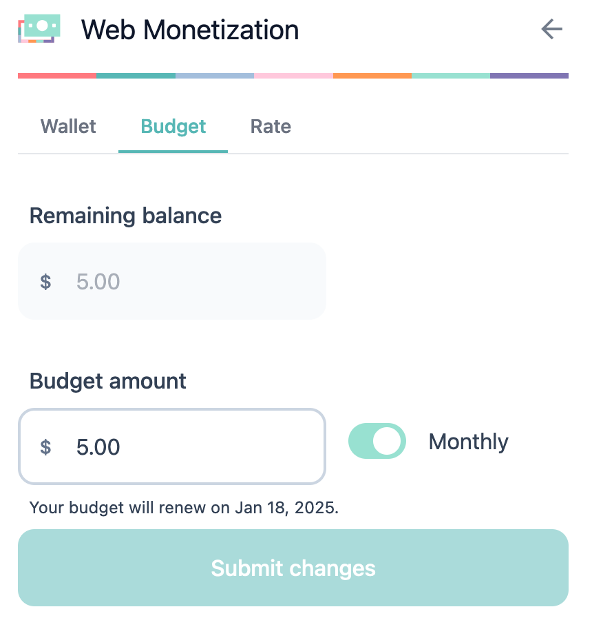 Budget tab showing your remaining balance and options to change budget amount and renewal