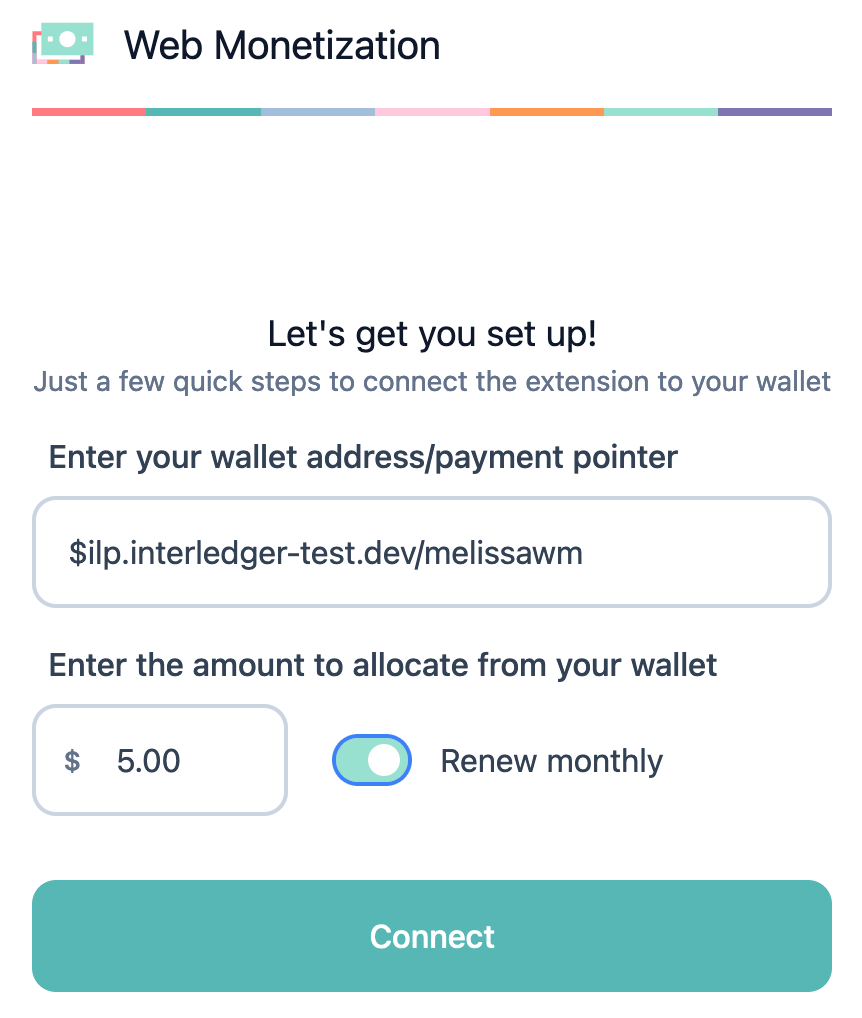 Extension's setup screen with previously used wallet address, budget amount, and recurrence setting saved