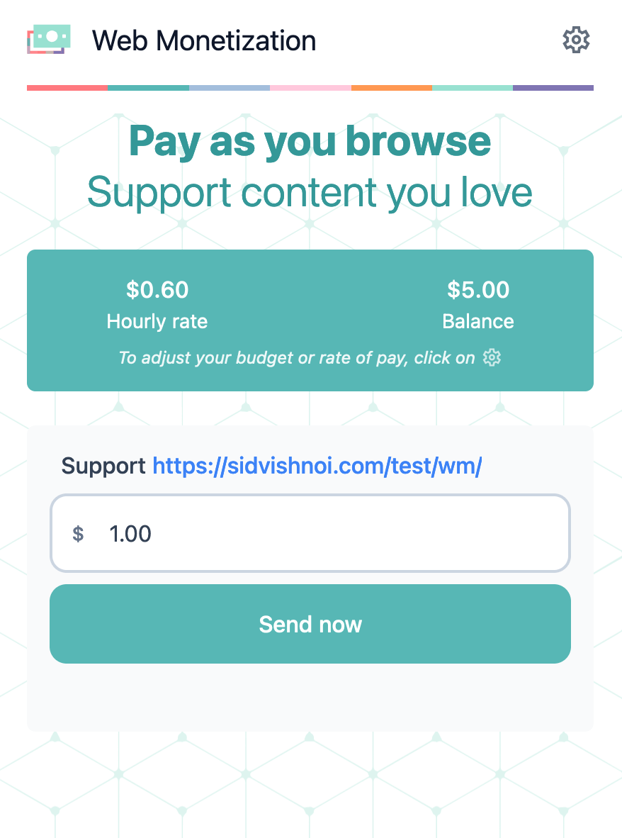 Extension showing an available balance of five dollars, with one dollar in the amount field and send now button active