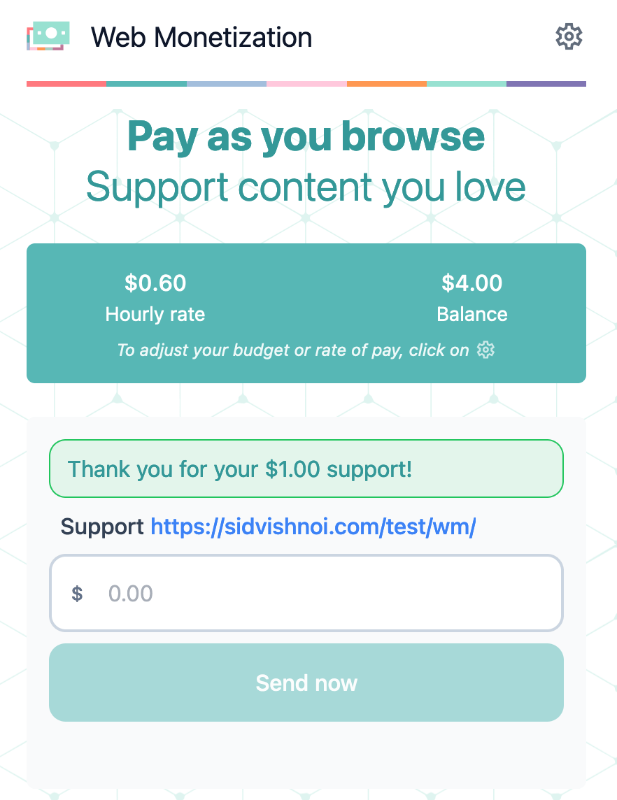 Extension showing an available balance of four dollars, with a success message indicating one dollar was sent