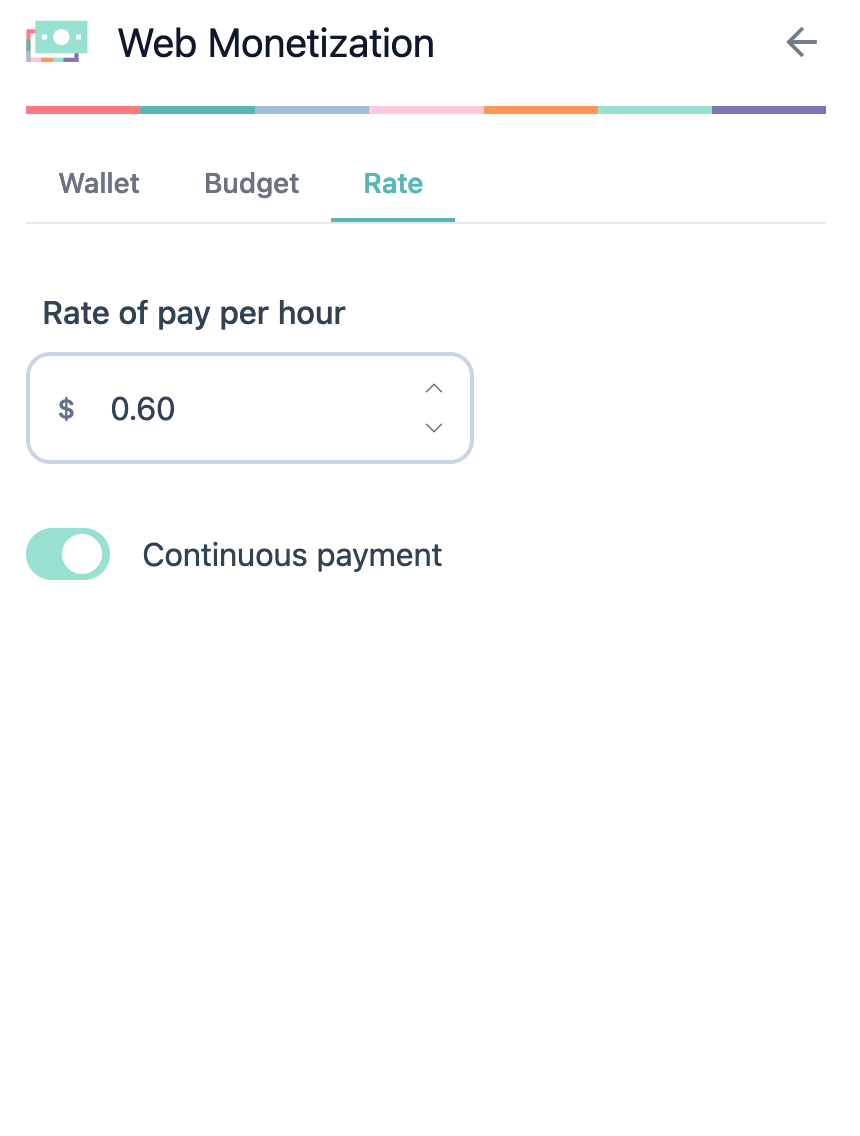 Rate tab with rate of pay per hour field and continuous payment toggle