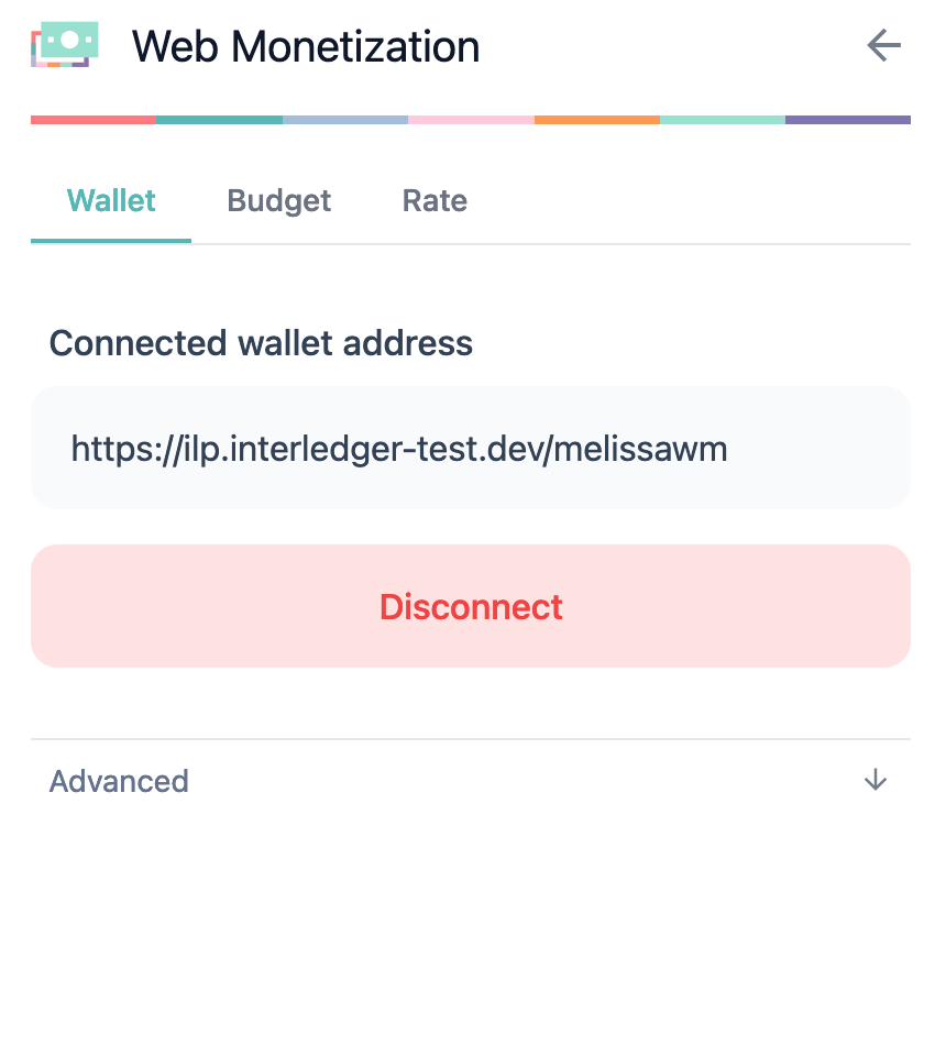 Extension's wallet tab showing the disconnect button