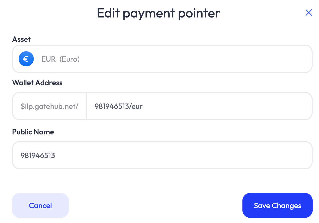 Edit payment pointer screen with a wallet address label
