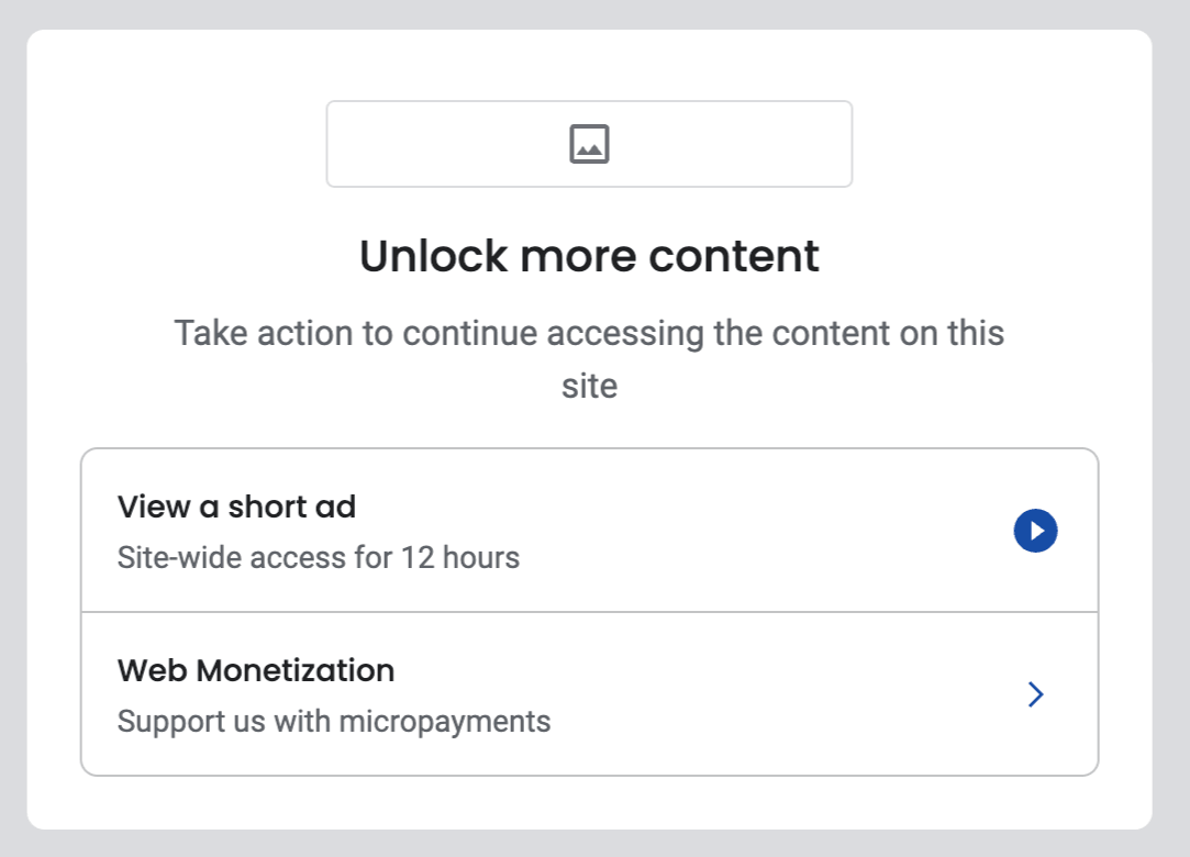 Offerwall preview screen with Web Monetization appearing as a choice