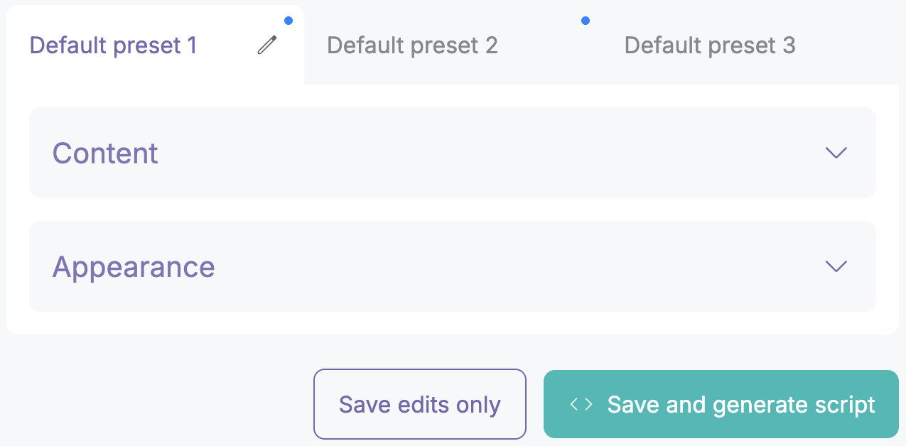 Screen with three tabs, all with default labels, and a pencil icon appearing next to the first label